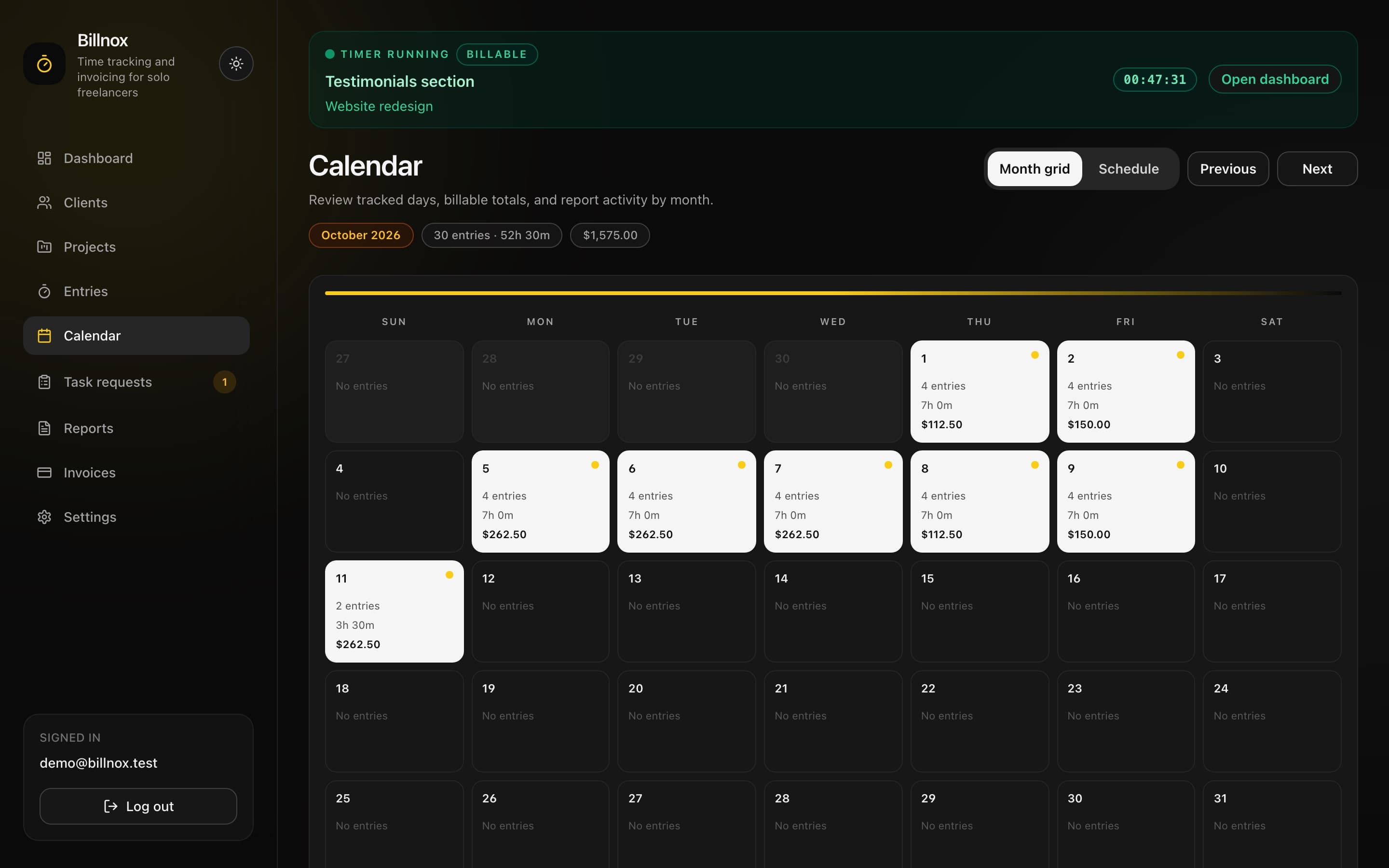 Billnox calendar month view with tracked hours and billable totals per day