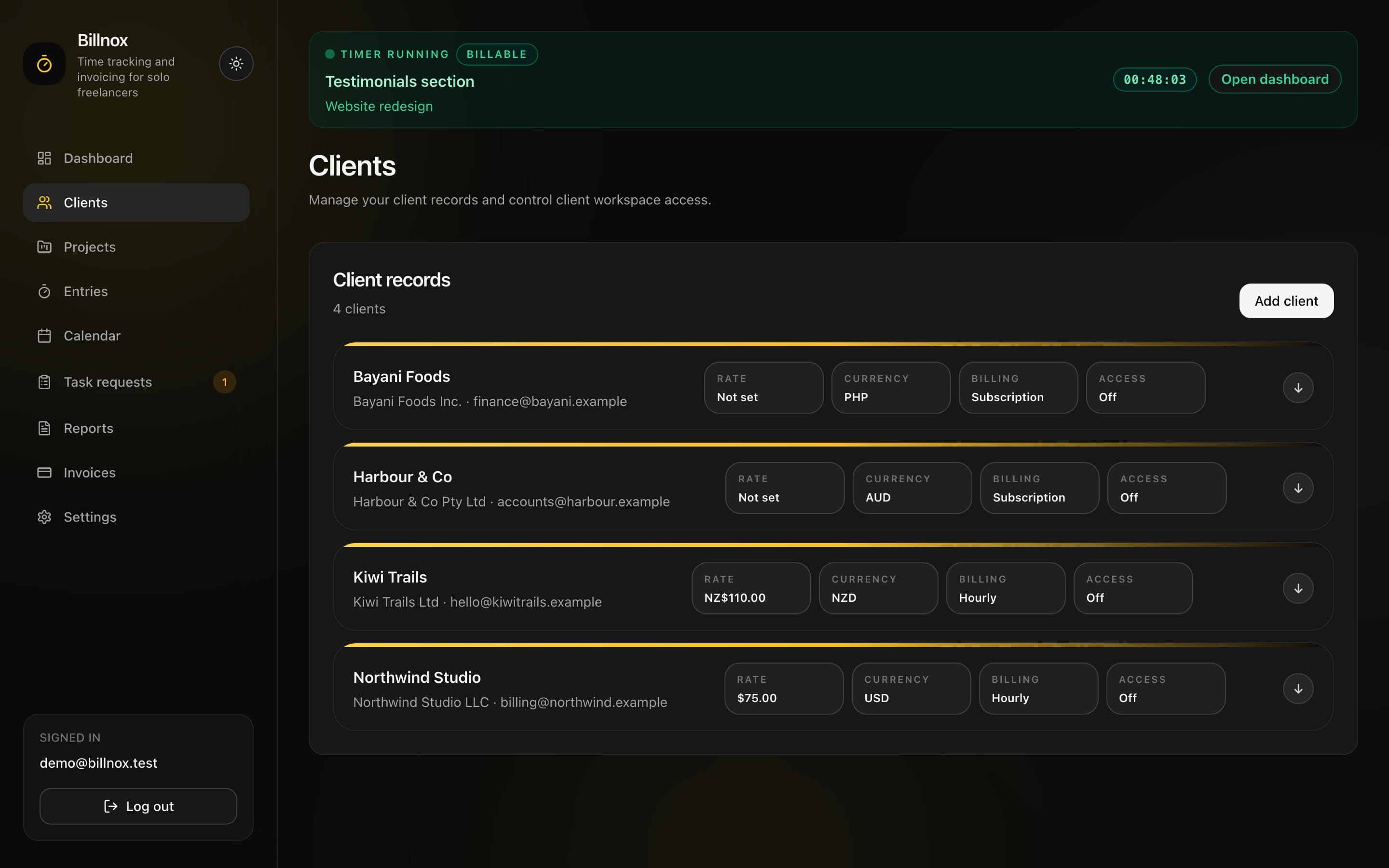 Billnox clients list showing each client's rate, currency and billing mode