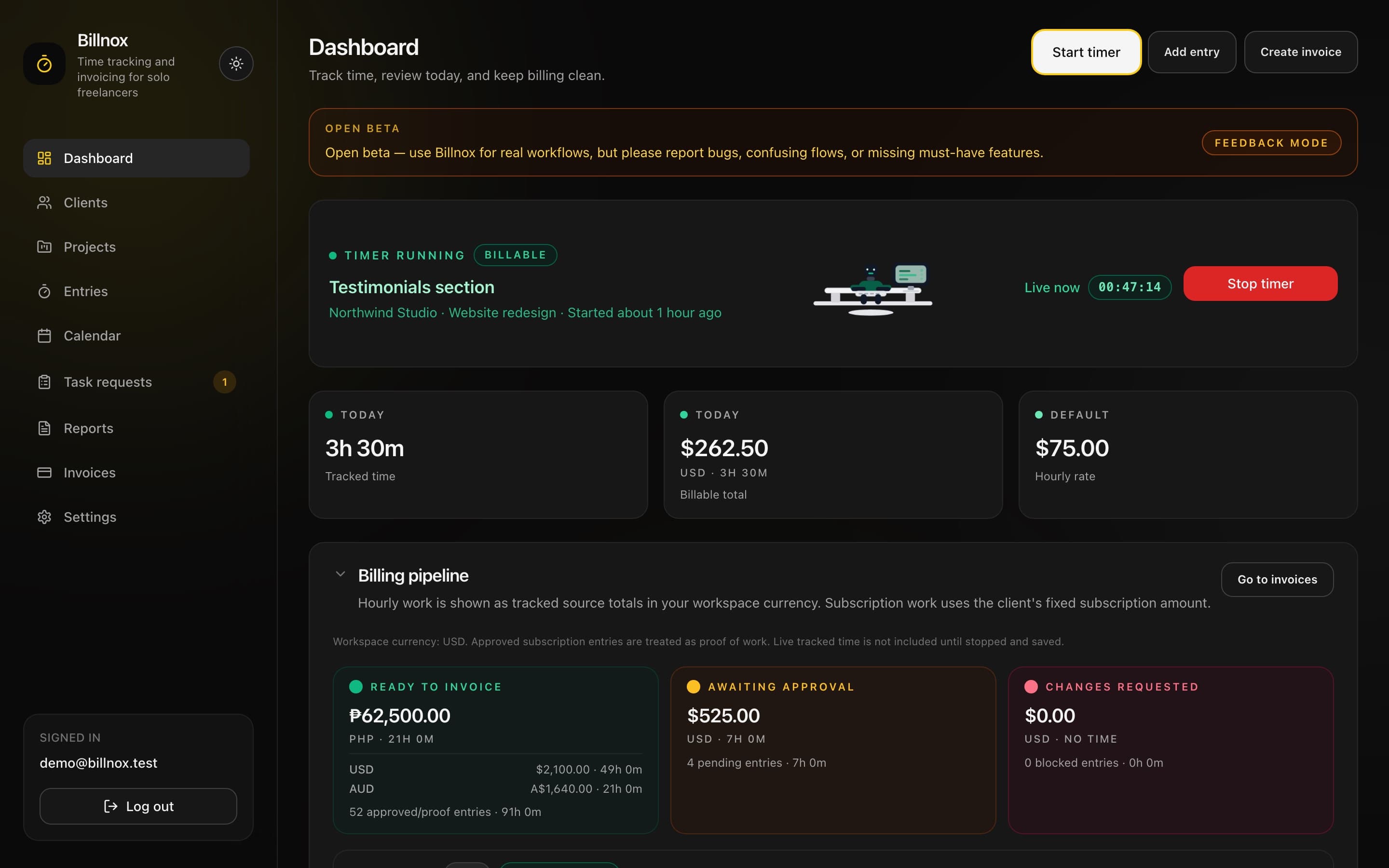 Billnox dashboard with a running timer, today's tracked time and a billing pipeline split by currency