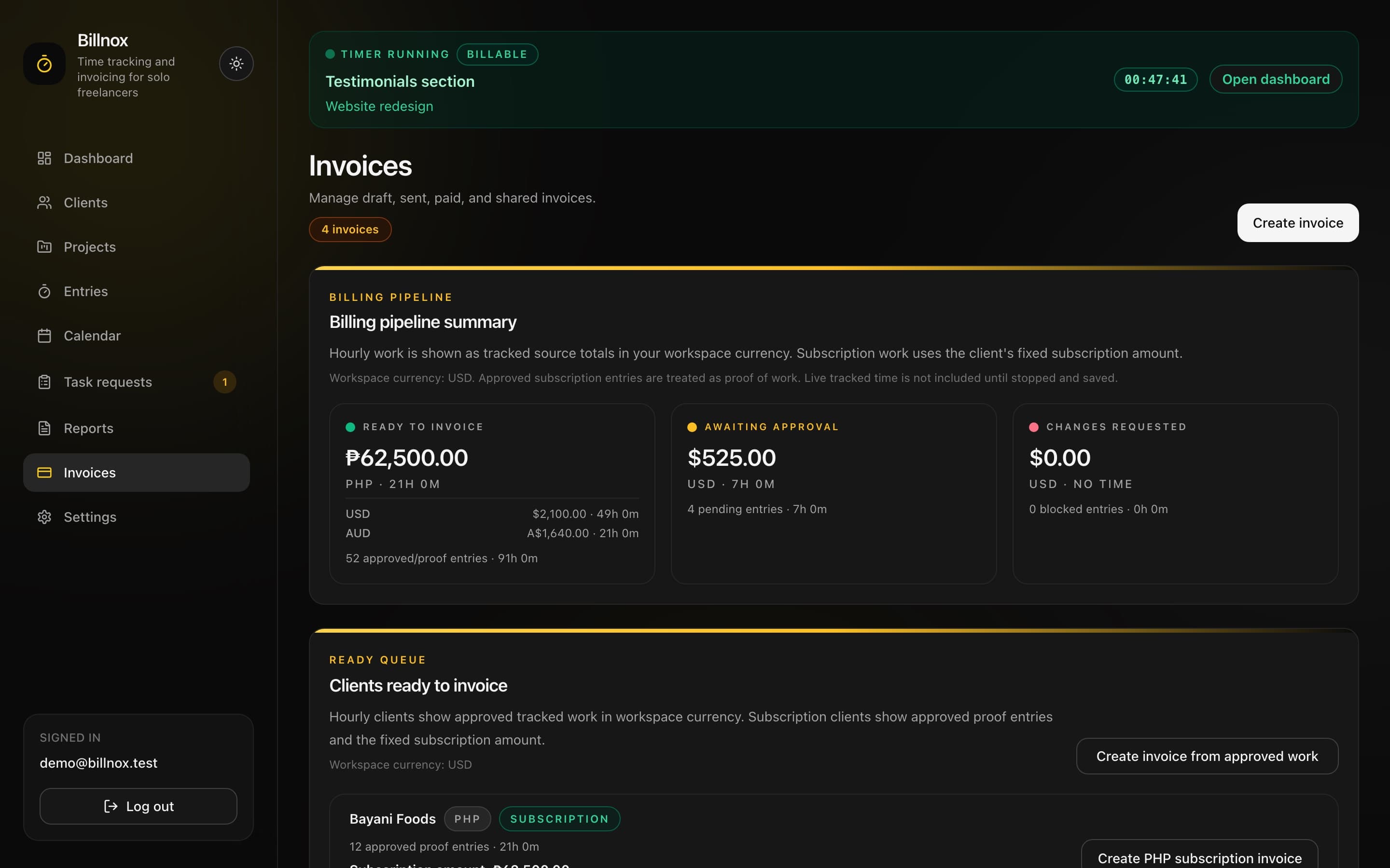 Billnox invoices page with approved work ready to invoice in PHP, USD and AUD