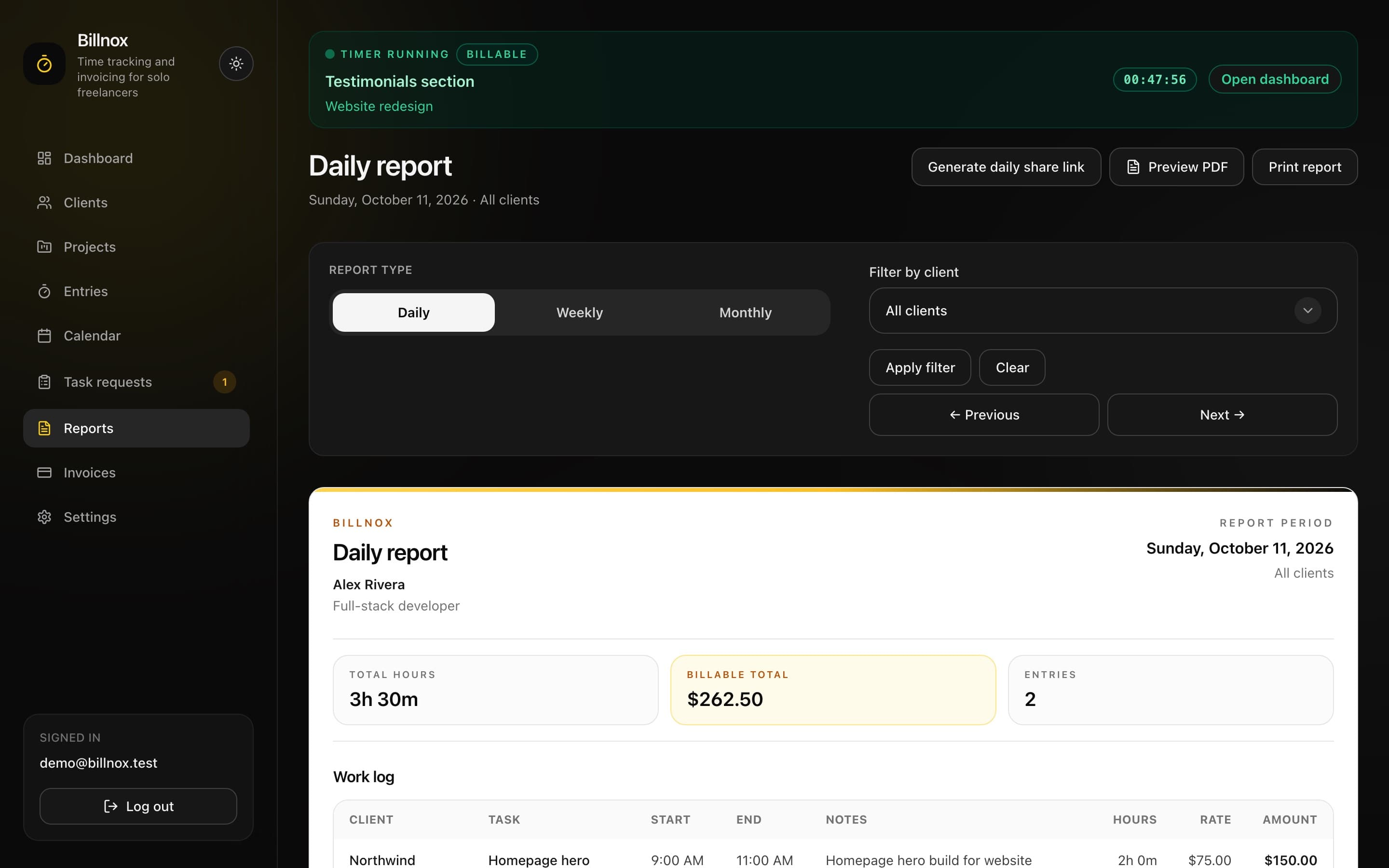 Billnox daily report with tracked hours, billable total and a work log