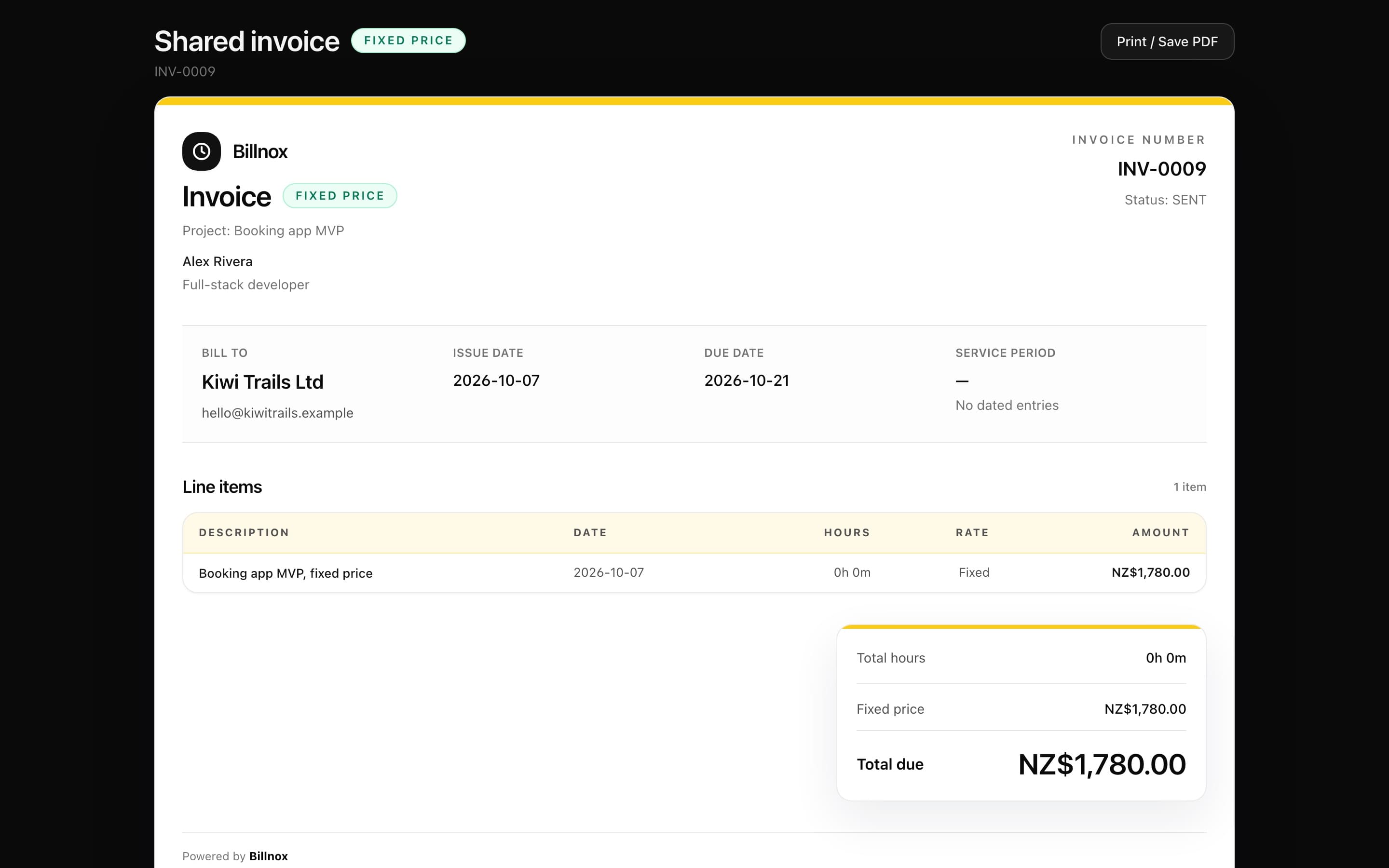 Billnox shared invoice for a fixed-price project billed in New Zealand dollars