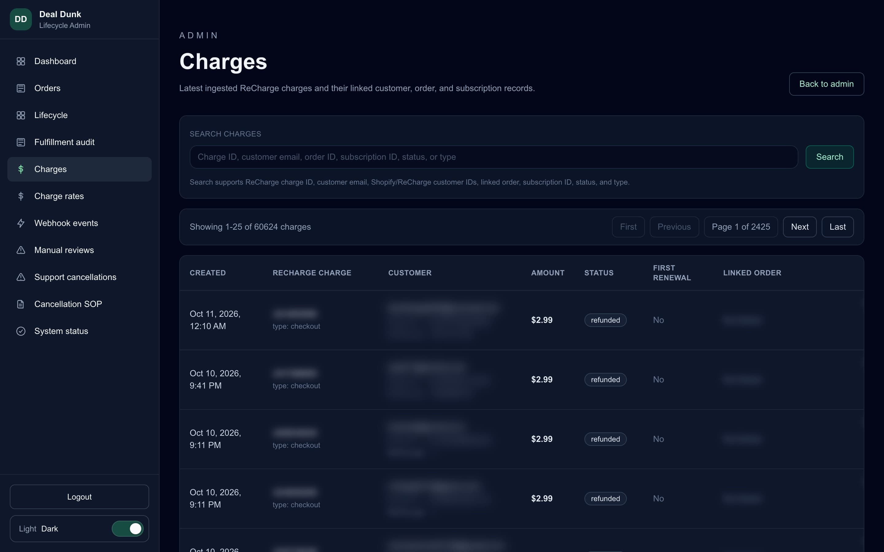 Lifecycle app subscription charges list linked to orders, with customer details blurred