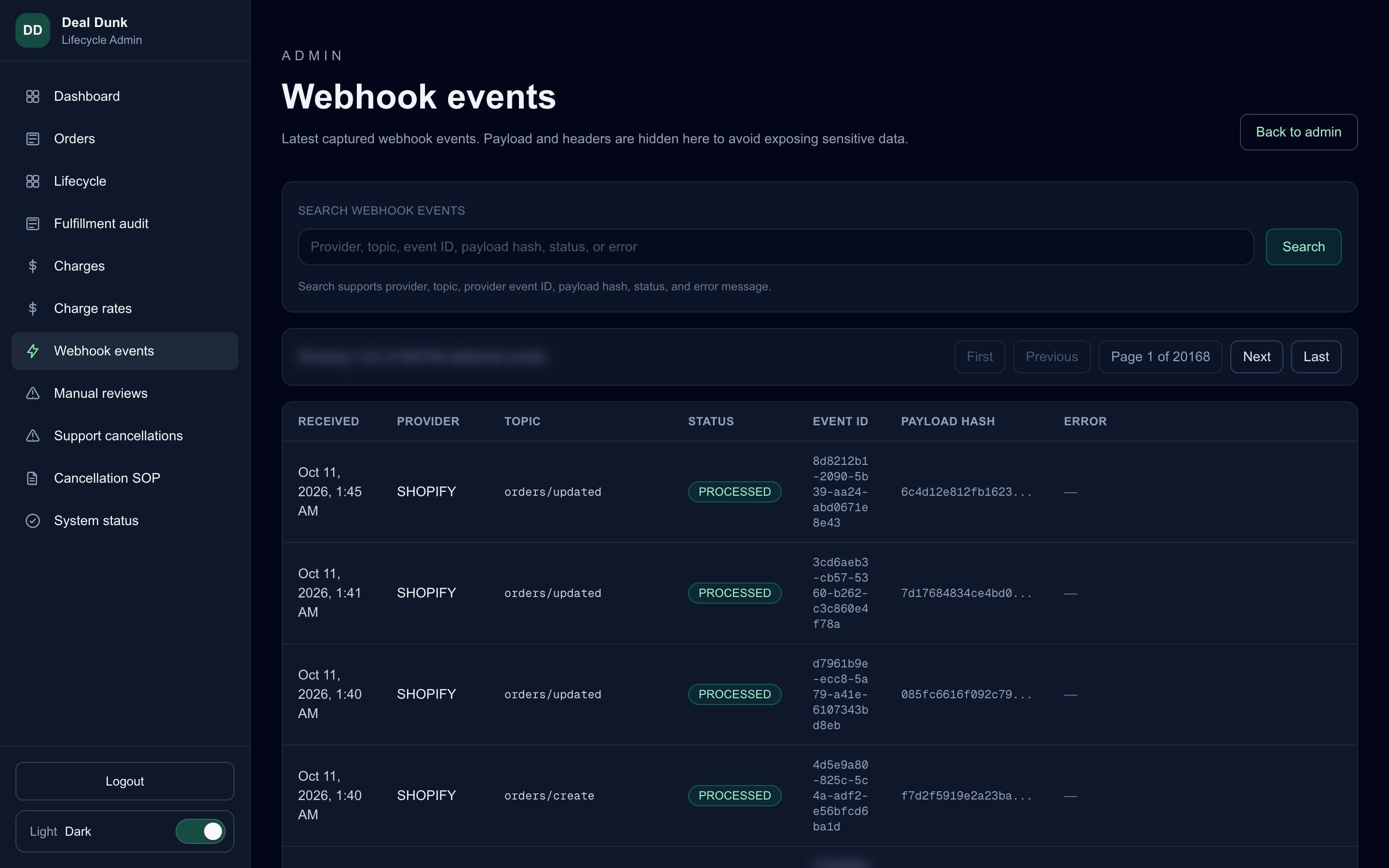 Lifecycle app webhook events log showing processed Shopify order events
