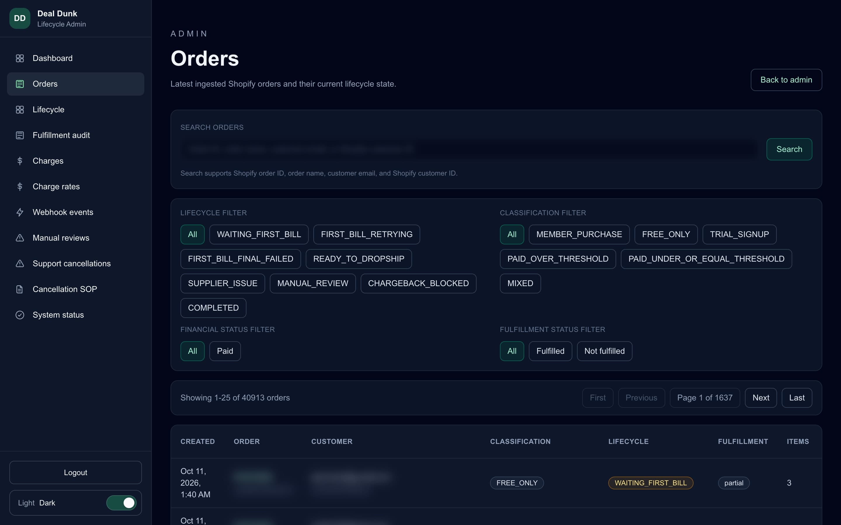 Lifecycle app orders list filtered by lifecycle state, with customer details blurred