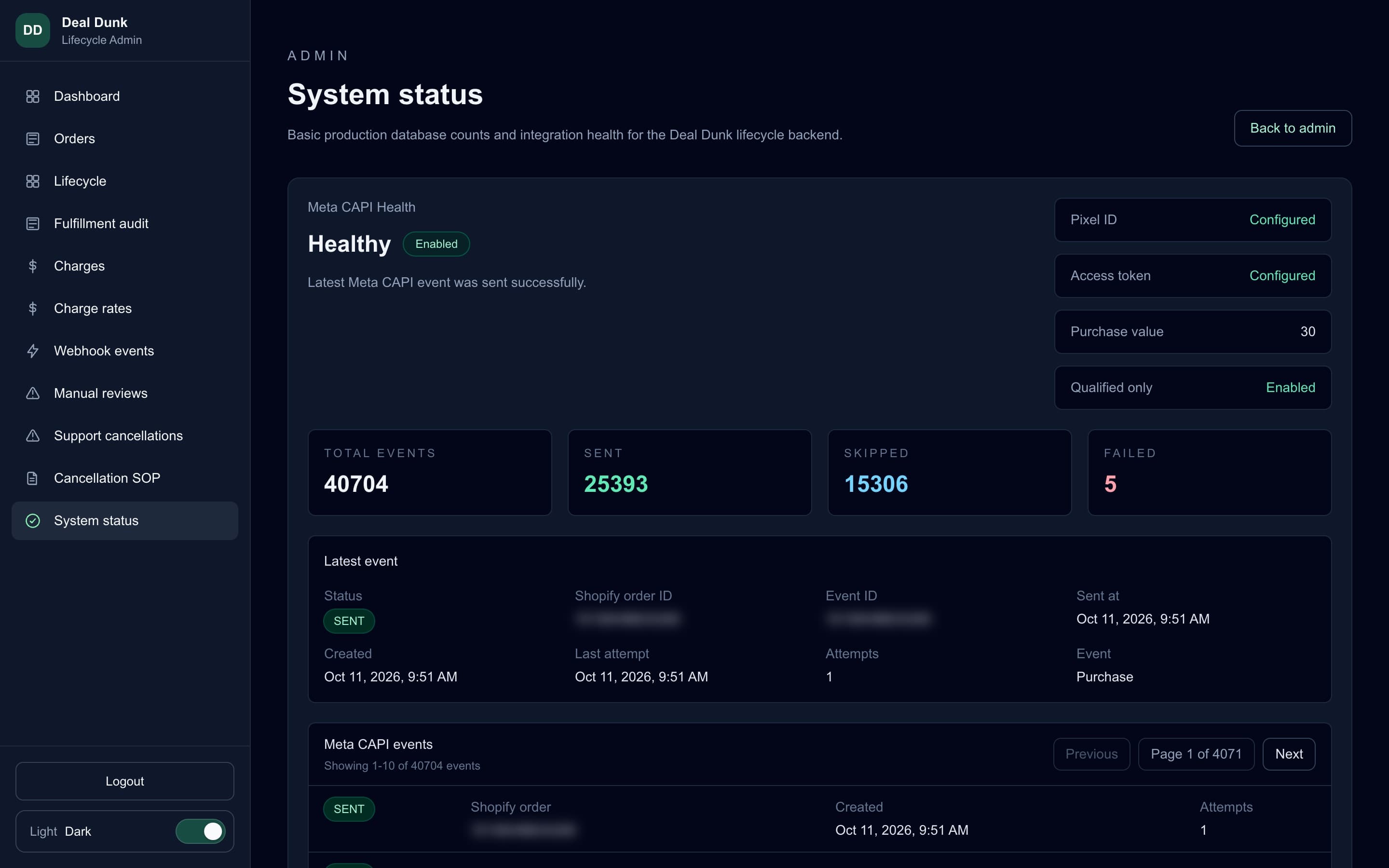 Lifecycle app system status showing Meta Conversions API health and event counts, with IDs blurred