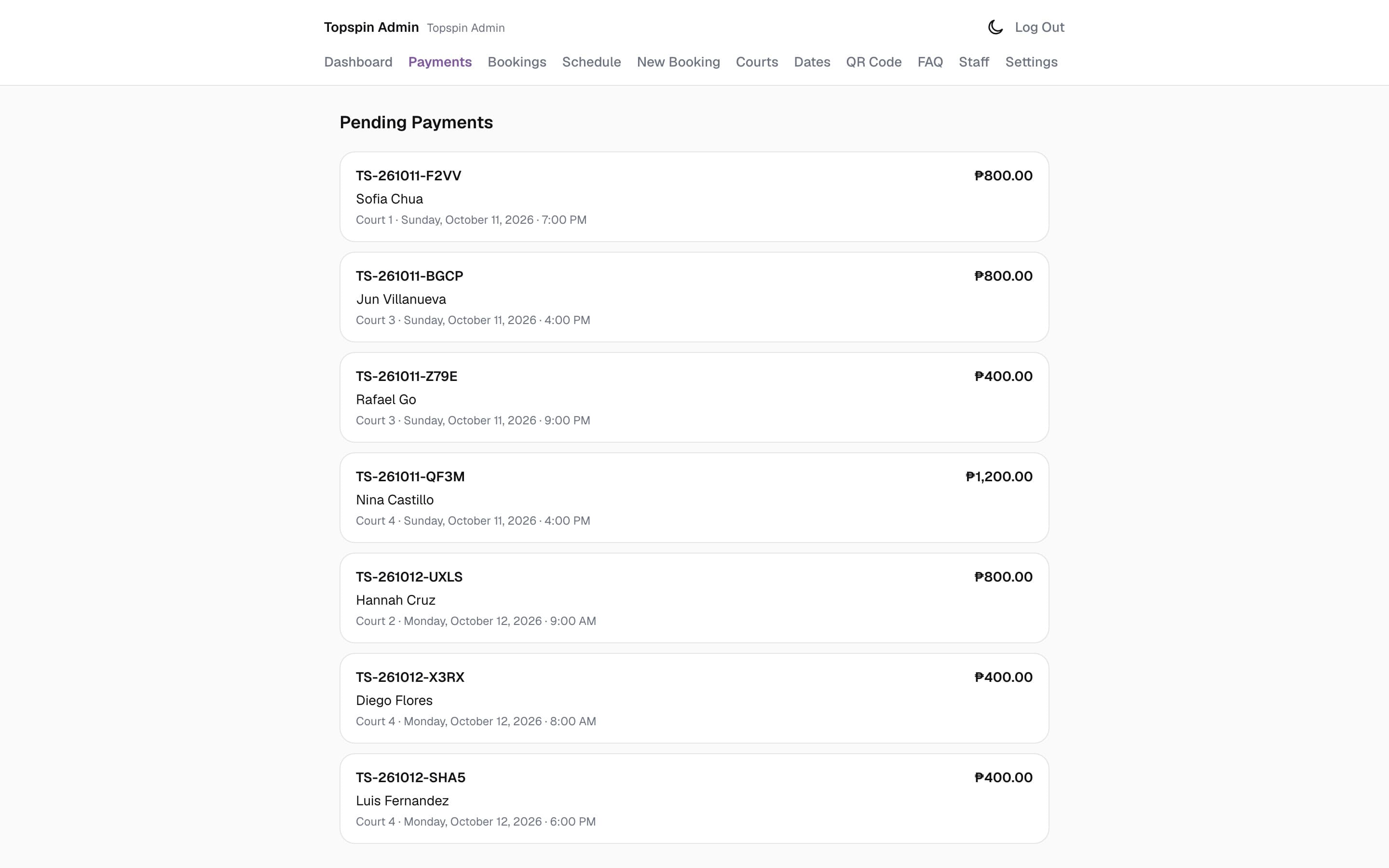 Topspin pending payments list with booking references and amounts