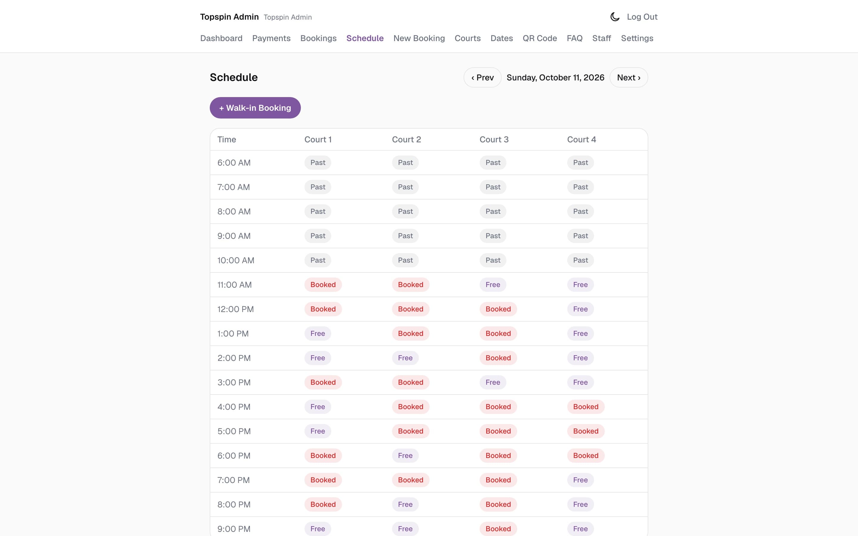 Topspin admin schedule showing booked and free hours for each court