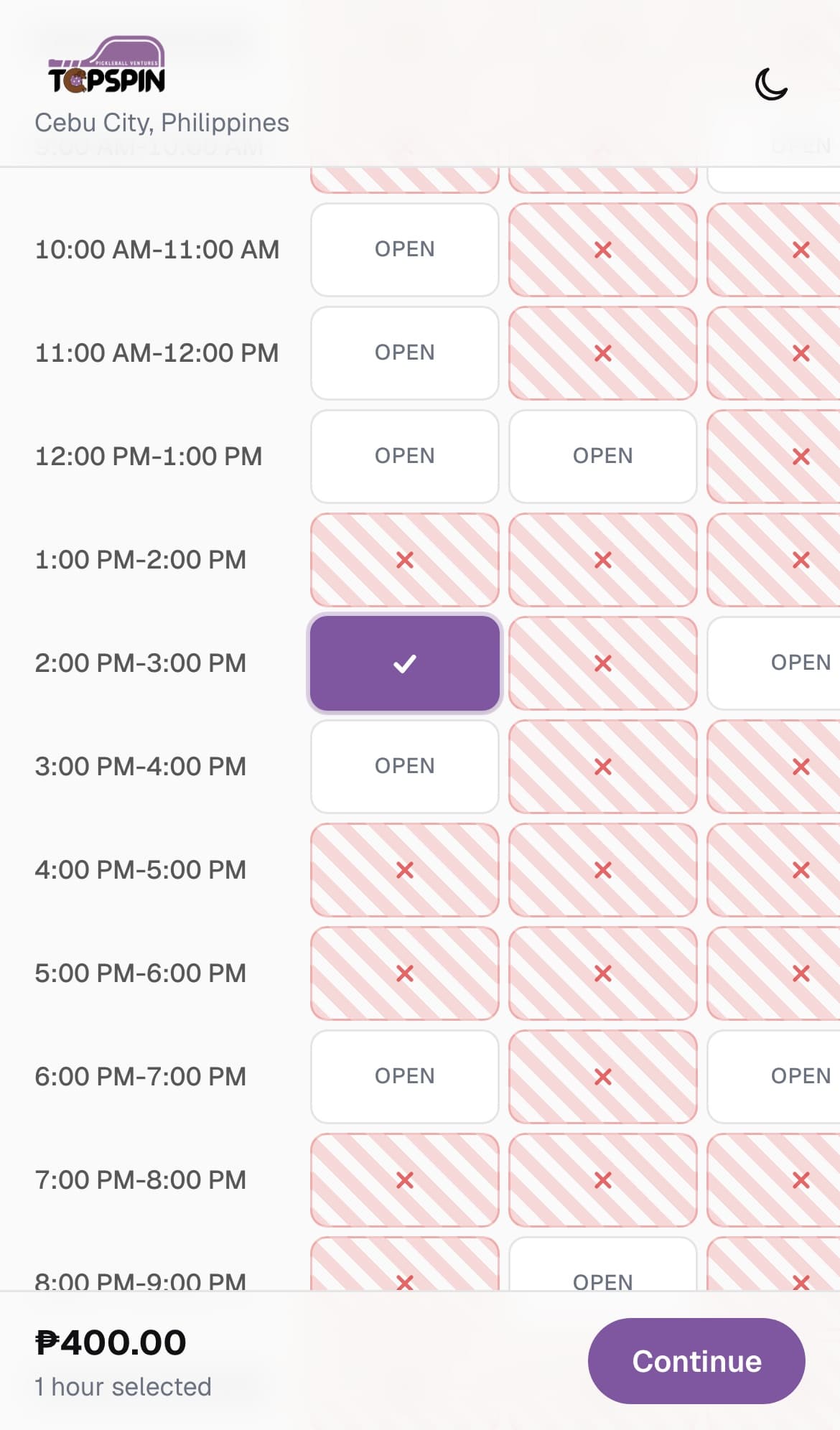 Topspin booking grid on a phone with one court selected and a Continue button showing ₱400