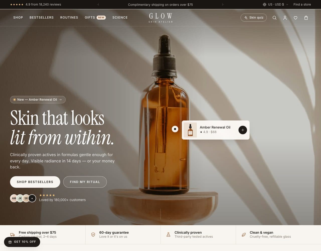 Glow store design home page