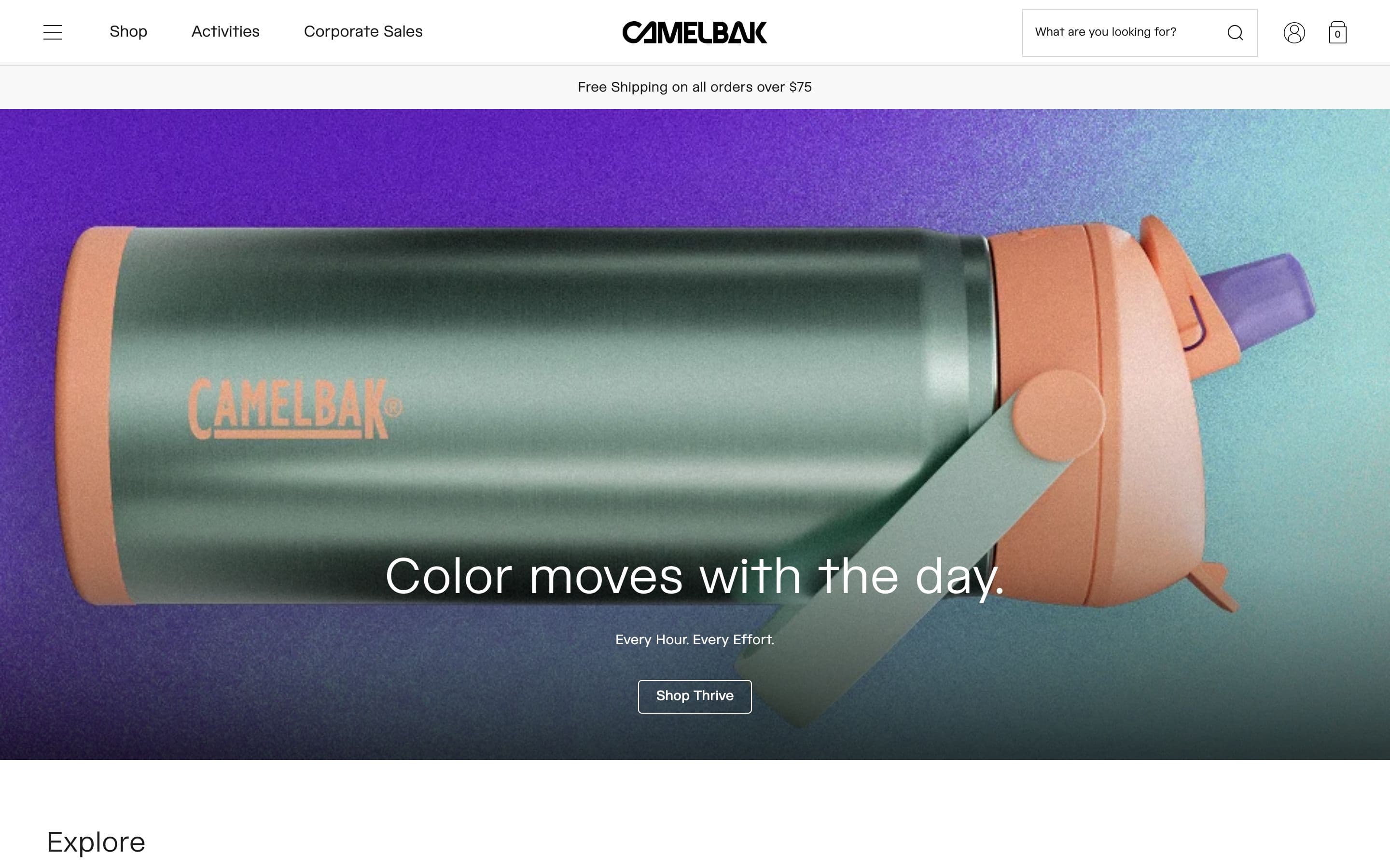 CamelBak Australia Shopify store home page on desktop with a full-width bottle campaign banner