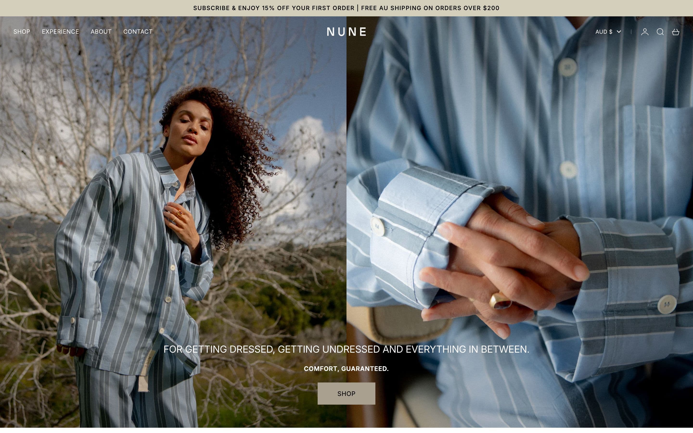 NUNE apparel Shopify store home page on desktop with a split-image campaign hero