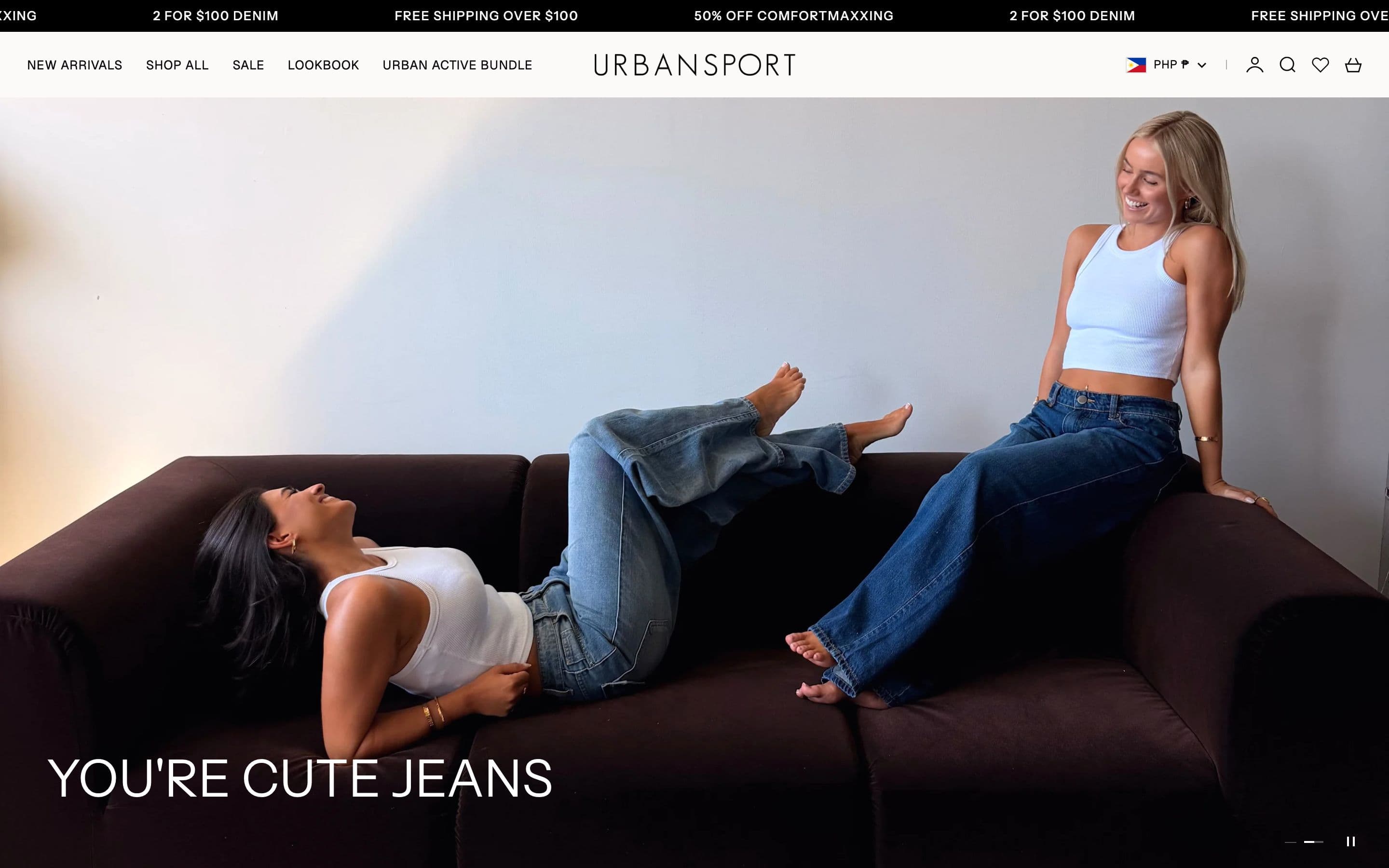 Urban Sport Shopify store home page on desktop with a denim campaign banner