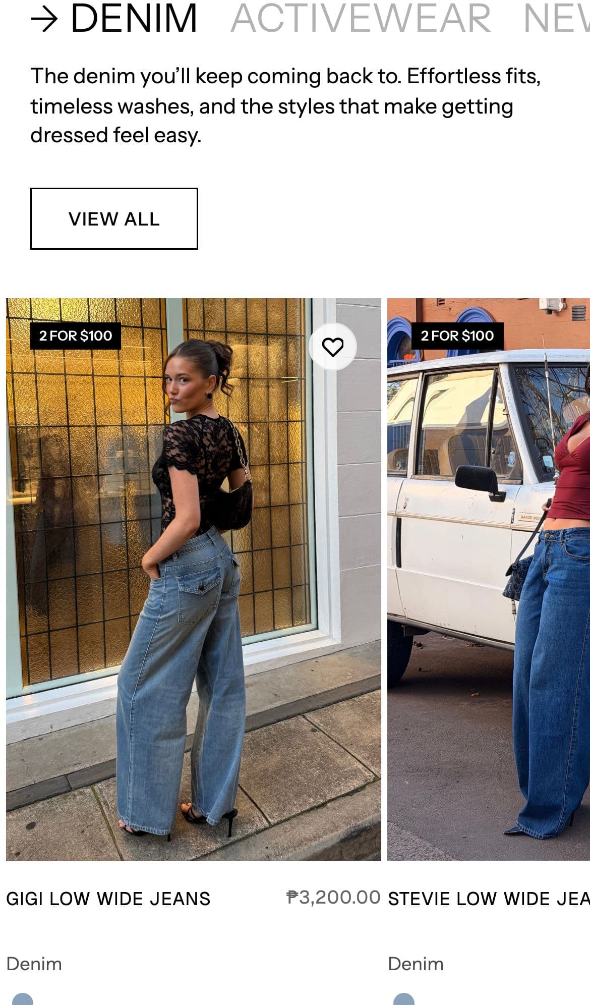 Urban Sport Shopify store on a phone, showing the denim collection with product cards and prices