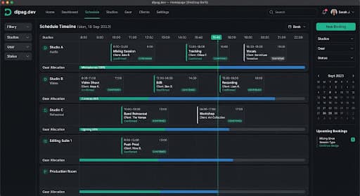 High-fidelity dark UI booking system schedule timeline showing multi-room studio slots, gear allocation status bars, and emerald confirmation badges